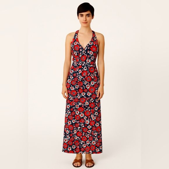 Vintage 70s Floral Halter Maxi Dress - High Tide- Red White Blue - Small Size - Picture 6 of 6